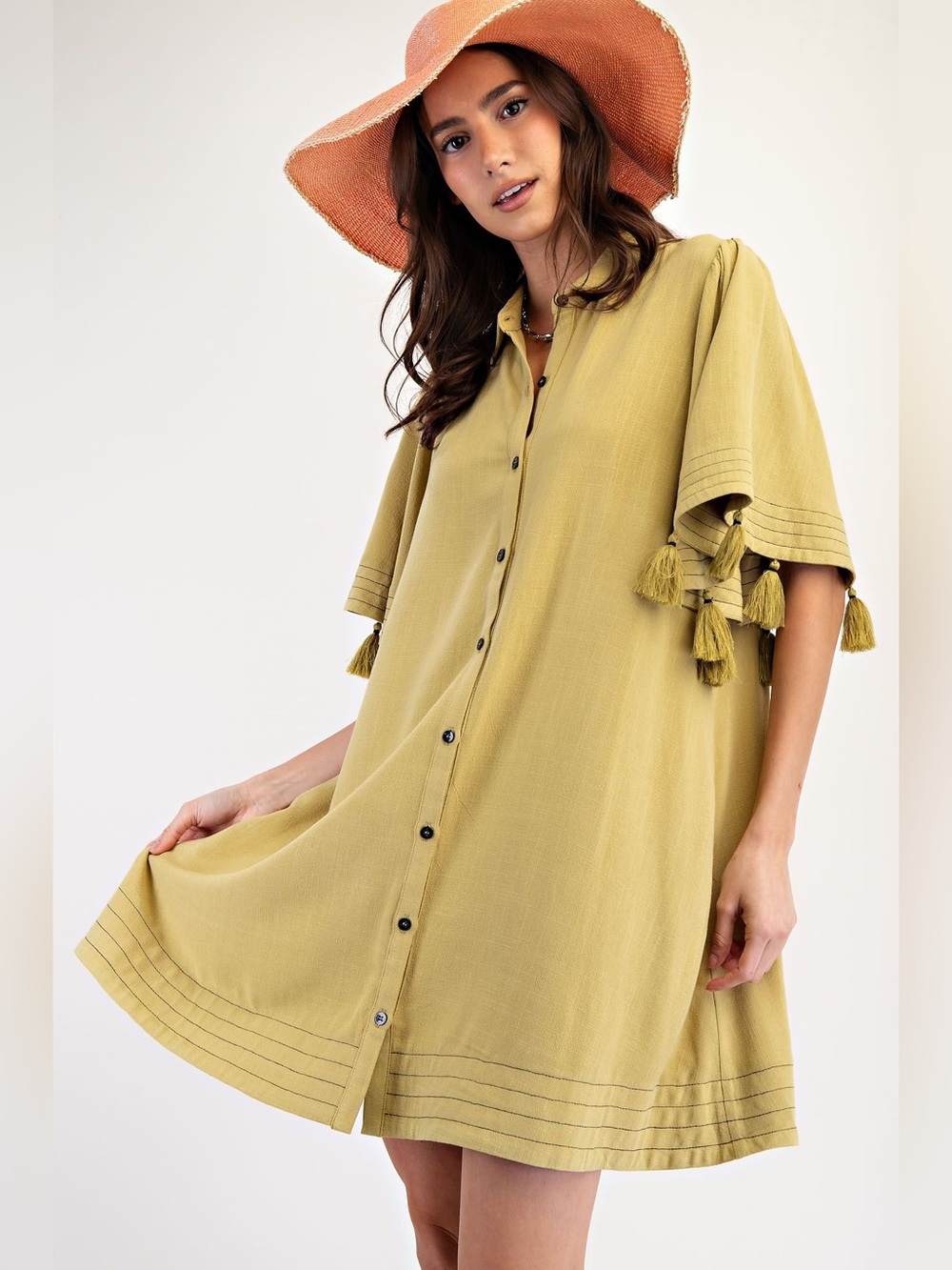 #242 New! Easel  Boho Button-Front Tassel Shift Dress